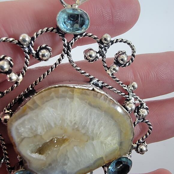 Druzy Agate Pendant – With Blue Topaz Accents + 20" Silver Snake Chain - Picture 10 of 10